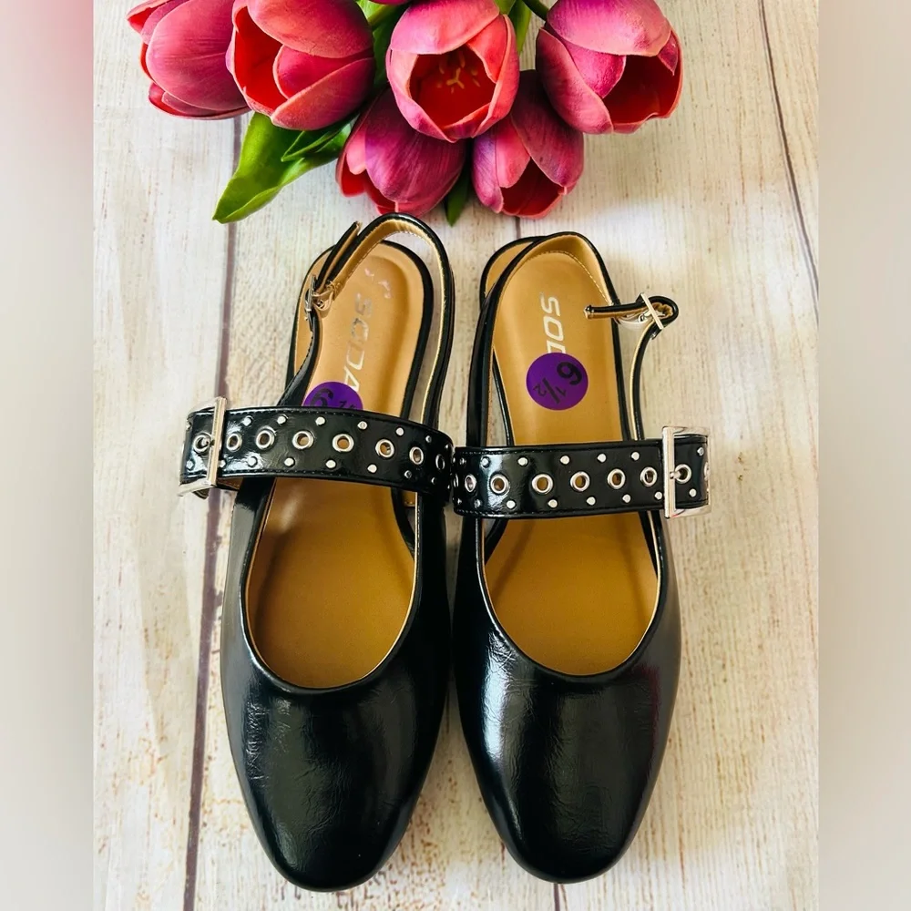 SODA Black Patent Leather Slingback Mary Jane Buckle Grommet Round Toe Flats